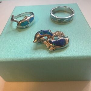 Silver Dolphin Jewelry Set with Blue Accents